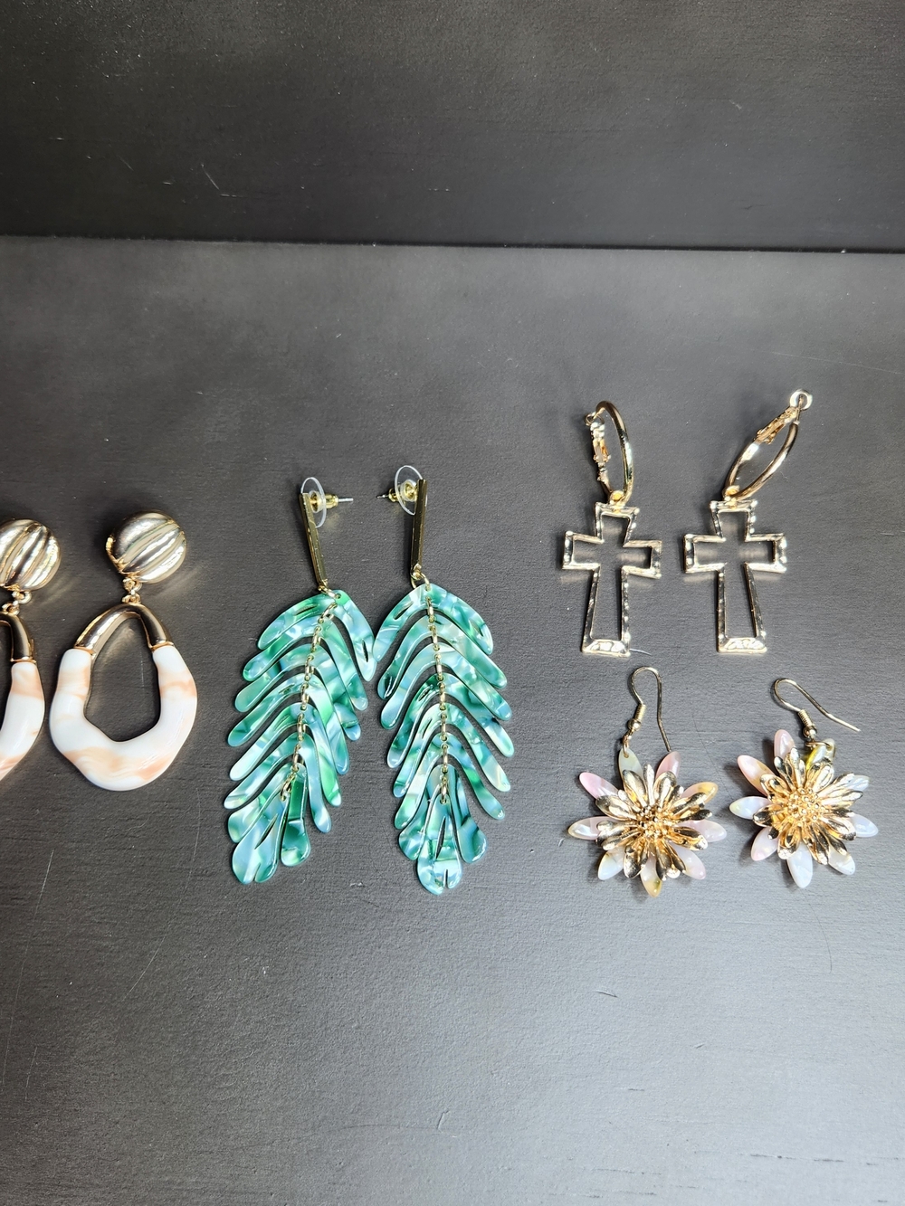 Gold-Tone 4 Sets Pierced Dangle Earrings Cross Leaf Flower